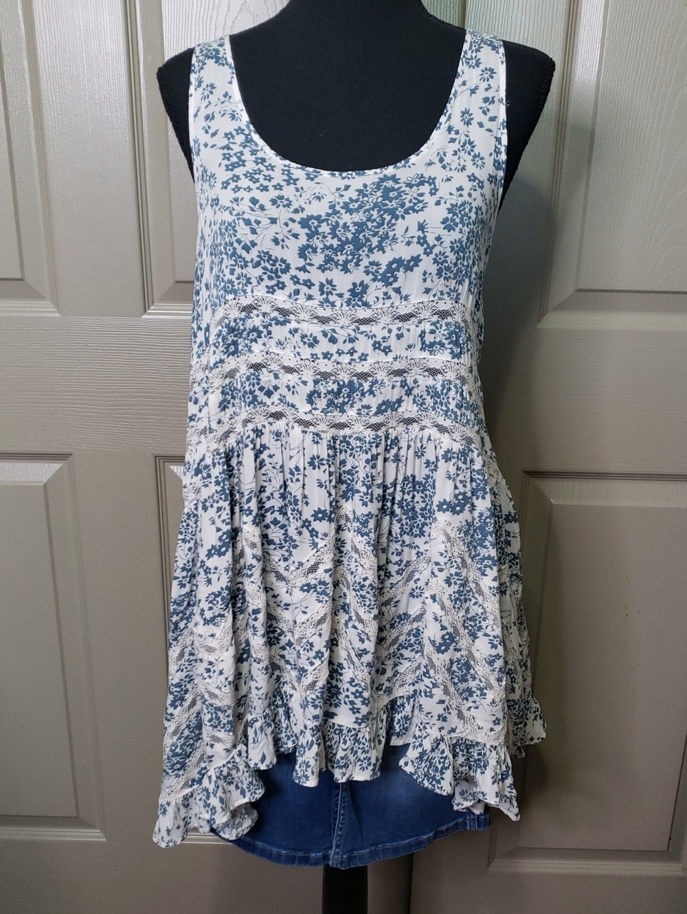 Free People Intimately White with Blue Floral Print and Lace Panels Tunic Top